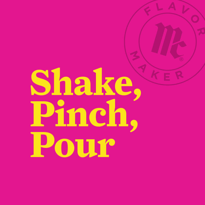 The Flavor Maker logo with the slogan Shake, Pinch, Pour in yellow on a pink background.
