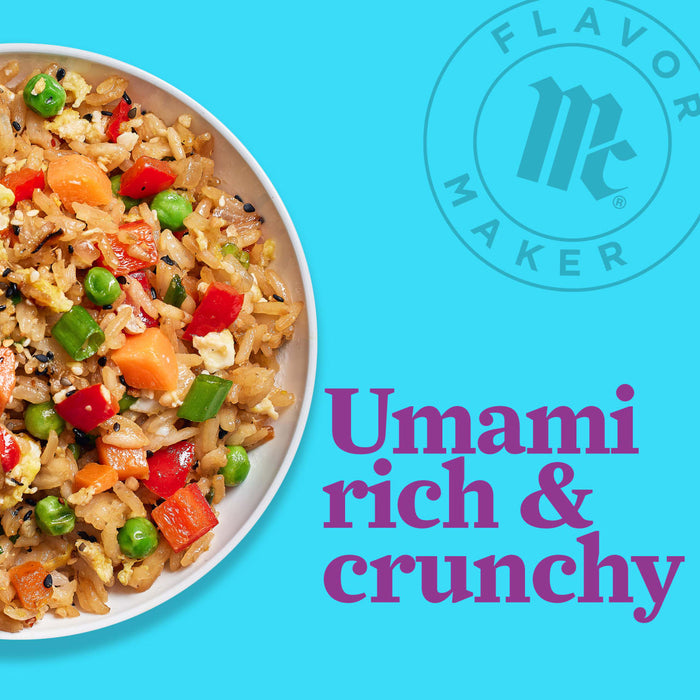 A bowl of Flavor Maker fried rice with vegetables and sesame seeds, with the text Umami rich &amp; crunchy below.
