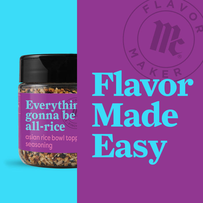 A jar of Flavor Maker\'s Asian Rice Bowl Topping seasoning with the words Everything gonna be all-rice on the label.