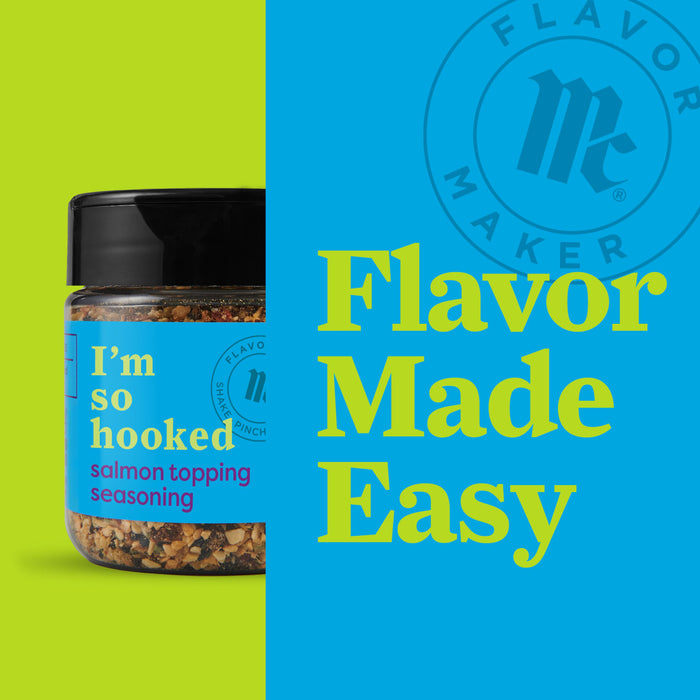 A jar of Flavor Maker salmon topping seasoning with the Flavor Maker logo and the tagline Flavor Made Easy.