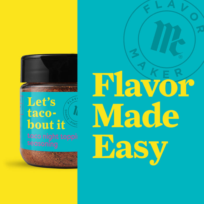 A jar of Flavor Maker taco night topping seasoning with the brand logo and the text Flavor Made Easy in the background.