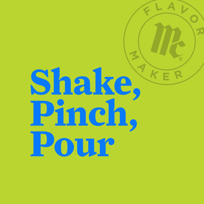 A Flavor Maker logo with the text Shake, Pinch, Pour in blue.