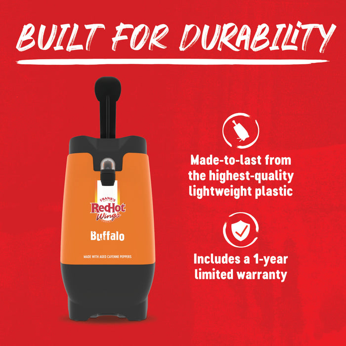 The image showcases a Buffalo brand product, emphasizing its durability and construction from high-quality, lightweight plastic, backed by a 1-year limited warranty.