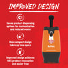 The image showcases the improved design of the Buffalo product dispenser, highlighting its seven dispensing options, compact size, and enhanced product evacuation.