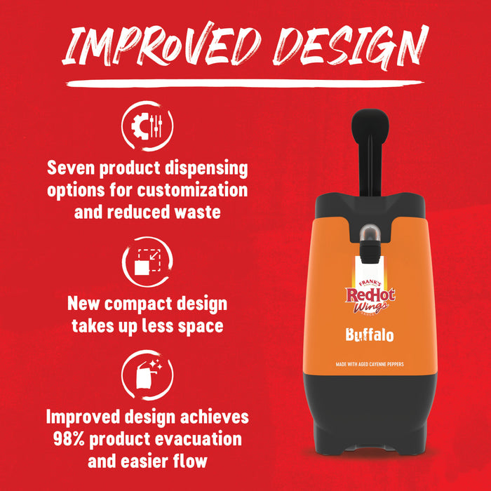 The image showcases the improved design of the Buffalo product dispenser, highlighting its seven dispensing options, compact size, and enhanced product evacuation.