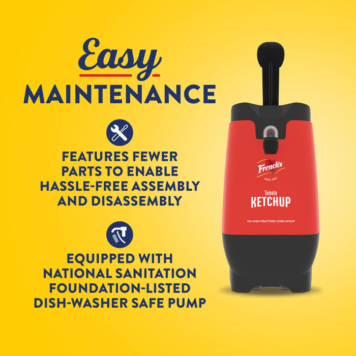 The Heinz Ketchup dispenser is easy to maintain, featuring fewer parts for hassle-free assembly and disassembly, and is equipped with a National Sanitation Foundation-listed dishwasher-safe pump.