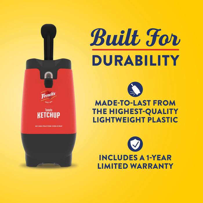 This image promotes the durability of the Heinz Ketchup dispenser, highlighting its construction from high-quality lightweight plastic and a one-year limited warranty.