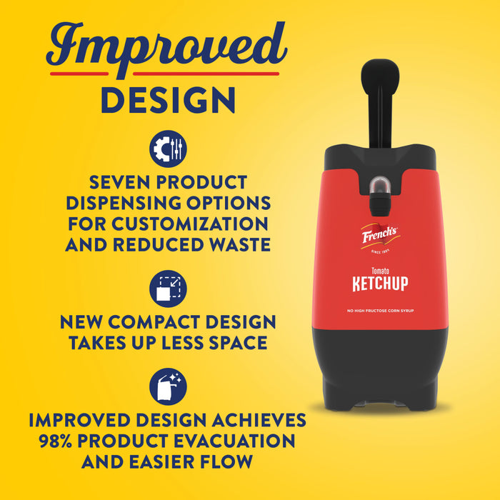 This image promotes the improved design of Heinz Ketchup dispenser, highlighting its seven dispensing options, compact size, and efficient product evacuation.