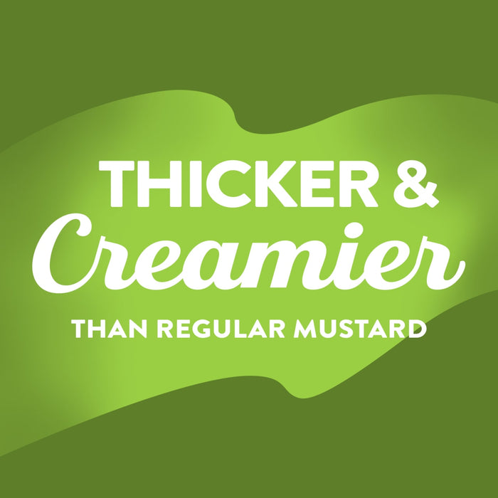 White text on a green background reads Thicker &amp; Creamier than regular mustard.