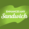 A promotional graphic for Frenchs Creamy Dill Pickle Mustard Mini 1.7 Oz, displaying the slogan 'ENHANCES ANY Sandwich' against a vibrant, layered green background.