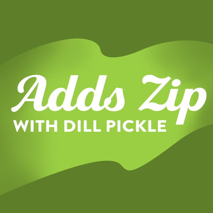 A graphic with the text Adds Zip WITH DILL PICKLE on a green background, representing a product such as Frenchs Creamy Dill Pickle Mustard Mini 1.7 Oz.