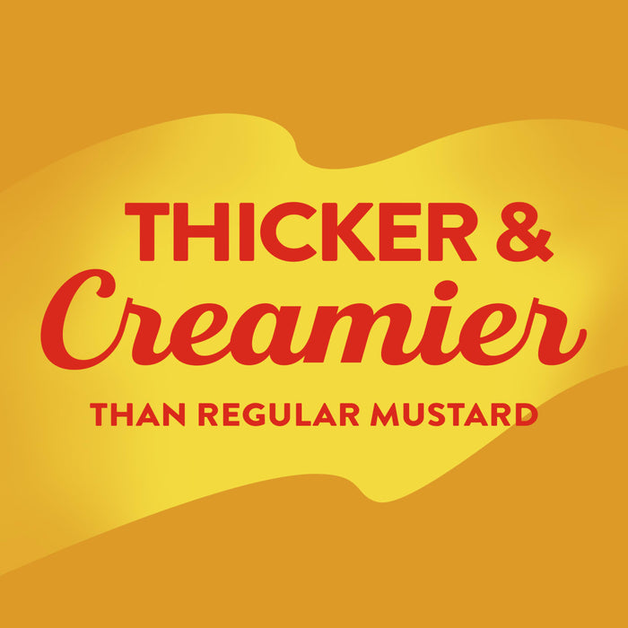 Text on a yellow background that reads Thicker &amp; Creamier than regular mustard.