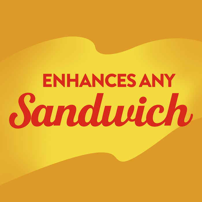 A yellow and orange background with the text ENHANCES ANY Sandwich in red.