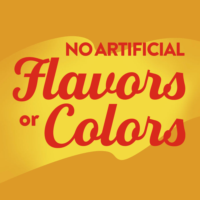 A red and yellow graphic that says No Artificial Flavors or Colors.