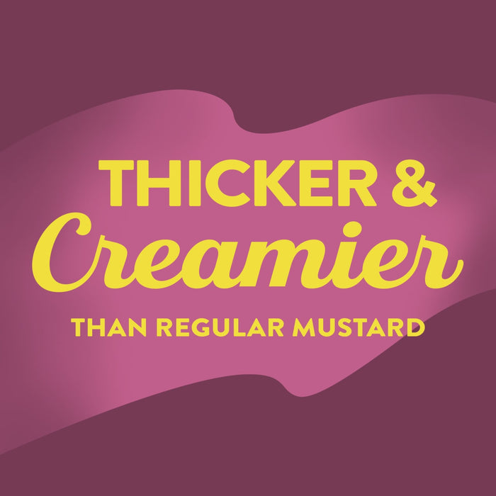 A yellow text on a pink background that says Thicker &amp; Creamier than regular mustard.