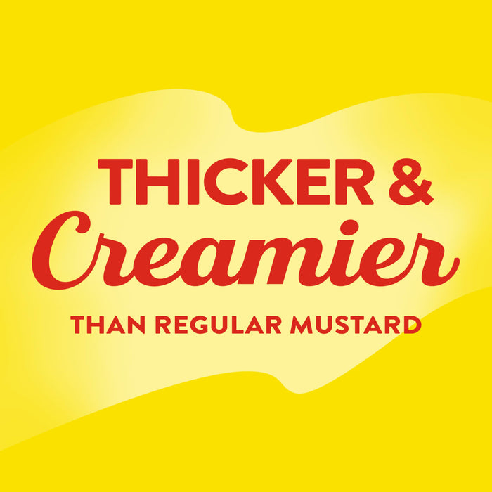A yellow background with red text that reads Thicker &amp; Creamier than regular mustard.