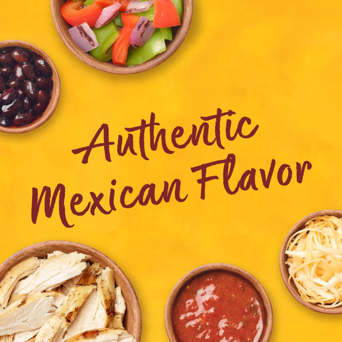 A yellow background with bowls of ingredients for a Mexican dish, with the text Authentic Mexican Flavor in maroon.