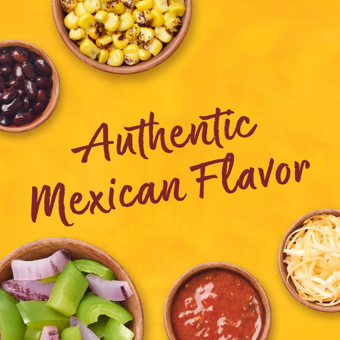A yellow background with bowls of various Mexican ingredients with the text Authentic Mexican Flavor in maroon.