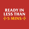 A red background with white text that reads Ready in less than 5 mins with yellow stylized stars on either side of the number 5.