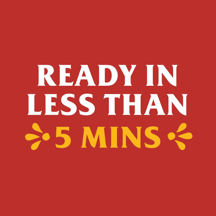 A red background with white text that reads Ready in less than 5 mins with yellow stylized stars on either side of the number 5.