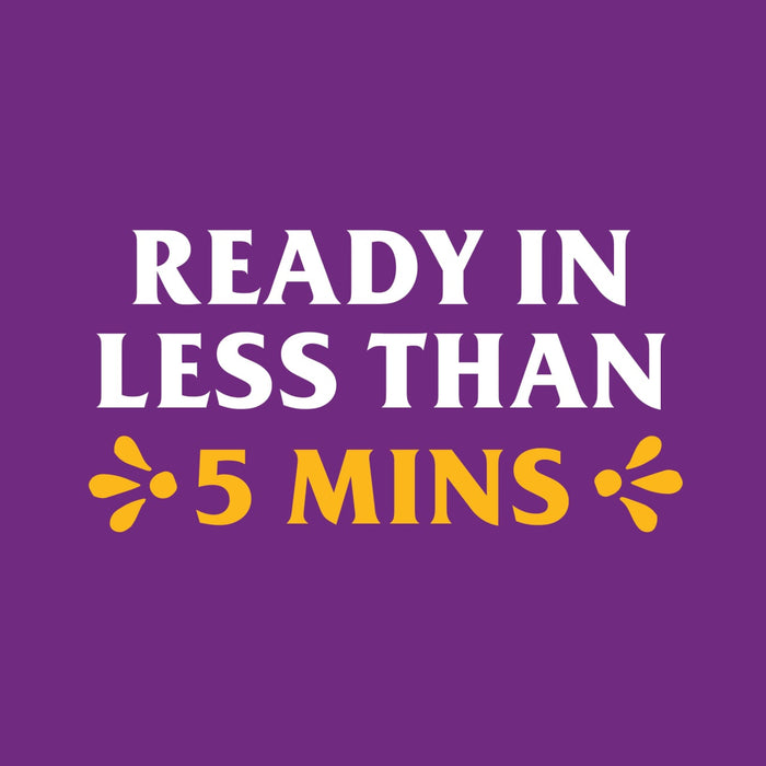 A purple background with white text that reads Ready in less than 5 mins with yellow stylized flowers on either side of the number 5.
