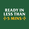 A green background with white text that says Ready in less than 5 mins with yellow stylized flowers on either side of the number 5.