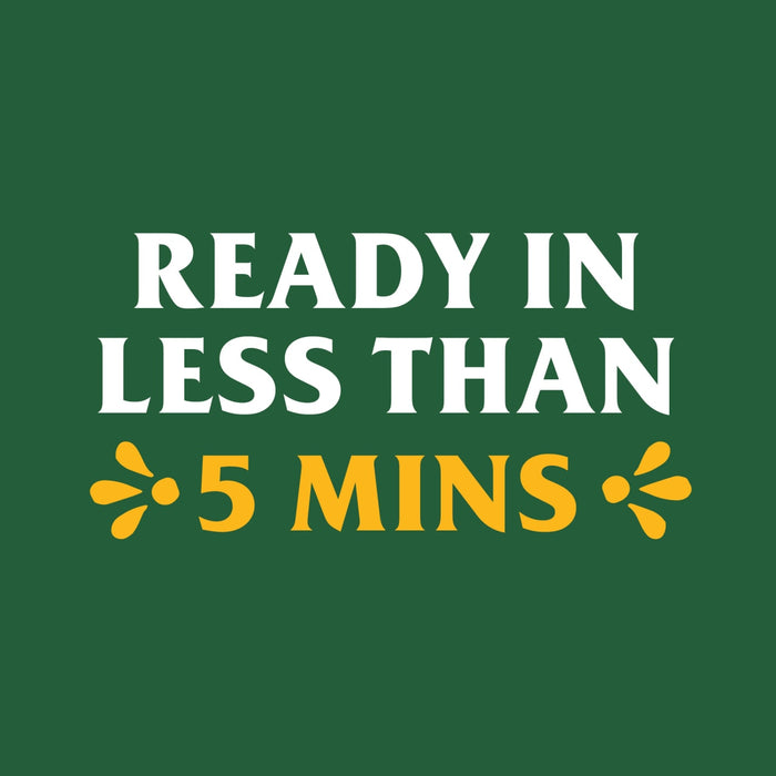 A green background with white text that says Ready in less than 5 mins with yellow stylized flowers on either side of the number 5.