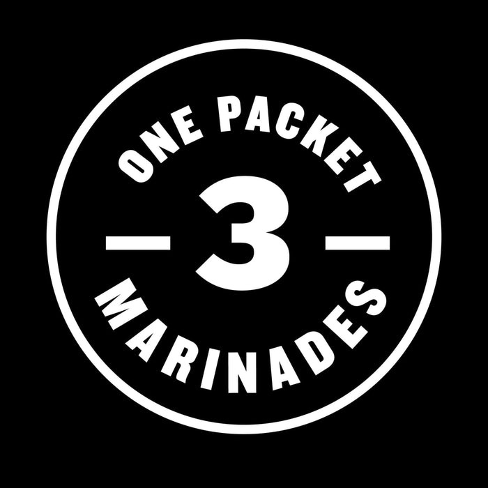 A white circle with the text One Packet - 3 Marinades in black.
