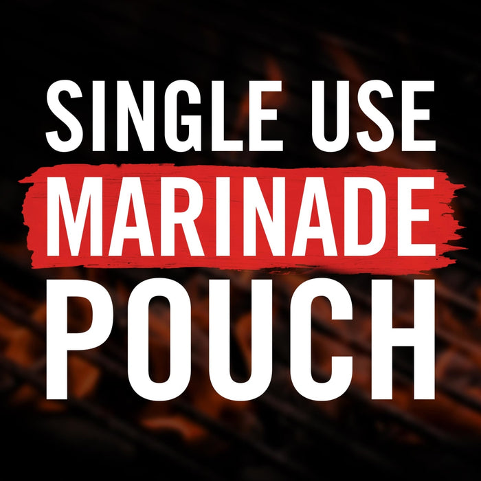 White text on a black background reads Single Use Marinade Pouch with the word Marinade in red.