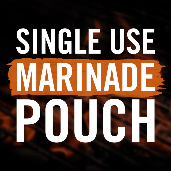 White text on a dark background reads Single Use Marinade Pouch.