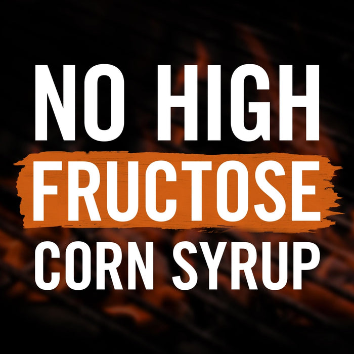White text on a black background with an orange stripe says No High Fructose Corn Syrup.