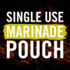 A graphic with the text Single Use Marinade Pouch in white letters on a black background with a yellow stripe behind the word Marinade.