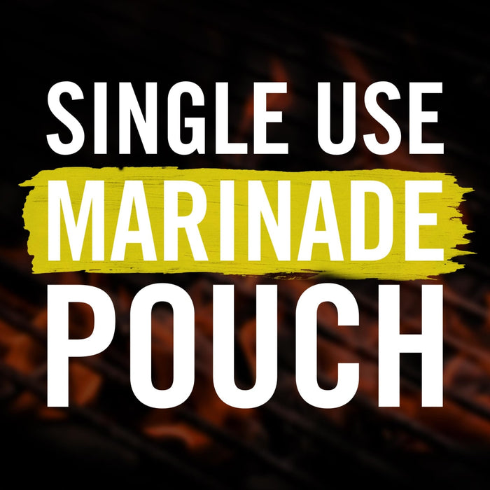 A graphic with the text Single Use Marinade Pouch in white letters on a black background with a yellow stripe behind the word Marinade.