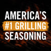 A white text on a dark background that says America\s #1 Grilling Seasoning with a yellow stripe behind the #1.