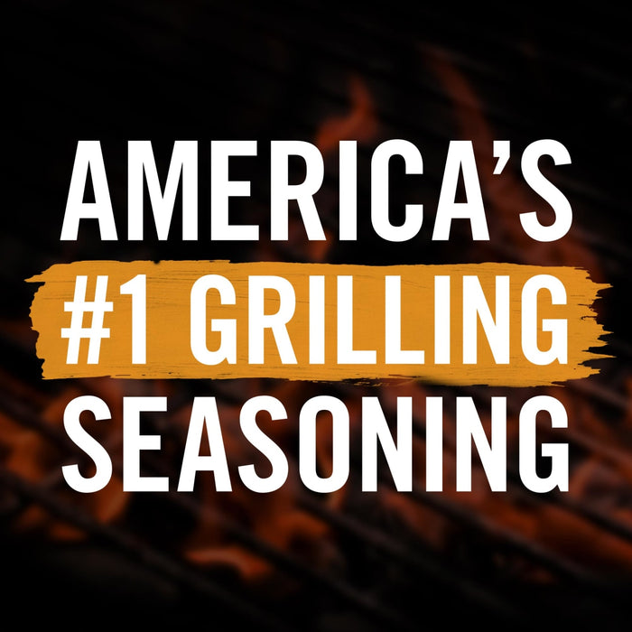 A white text on a dark background that says America\s #1 Grilling Seasoning with a yellow stripe behind the #1.