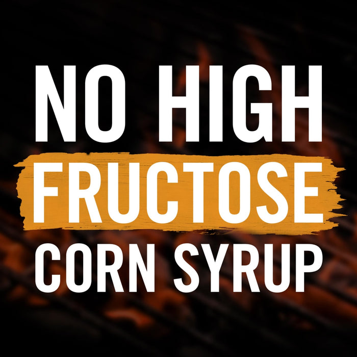 A graphic with the text No High Fructose Corn Syrup in white letters on a black background with an orange stripe.