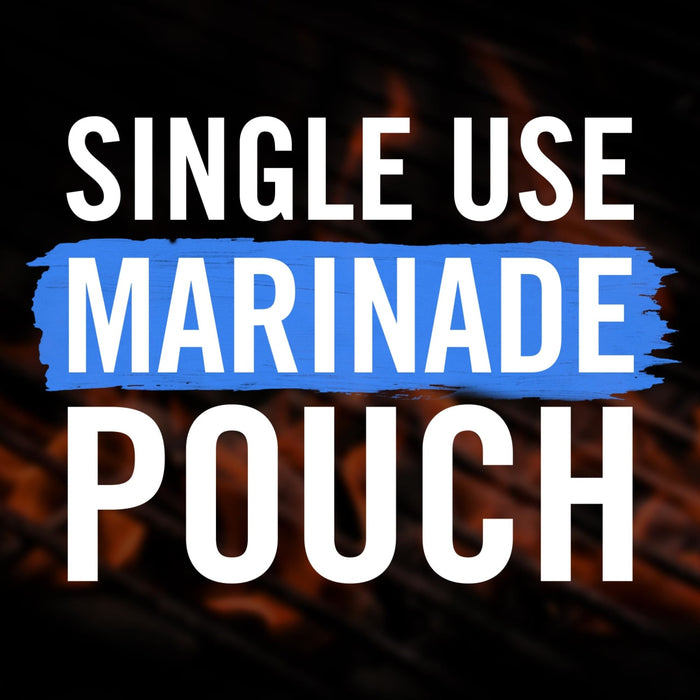 White text on a blue background reads Single Use Marinade Pouch against a blurred background of a grill.