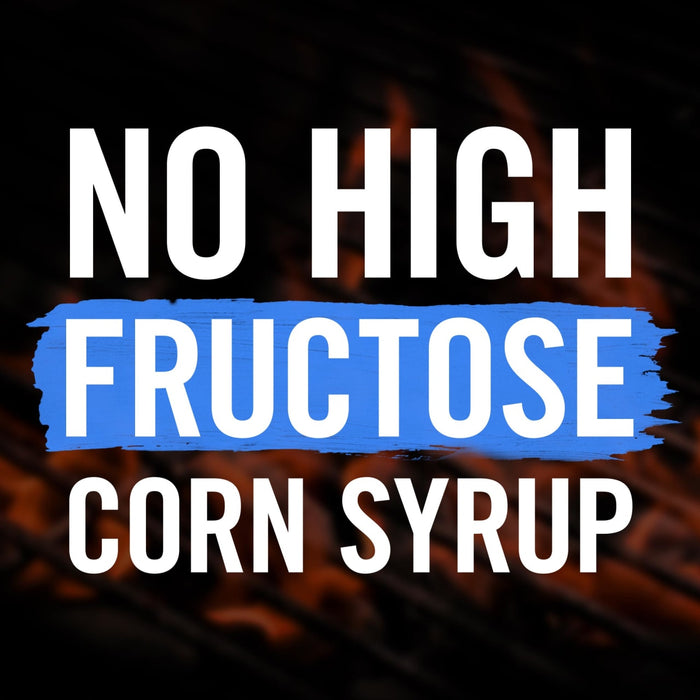 White text on a black background with a blue stripe says No High Fructose Corn Syrup.