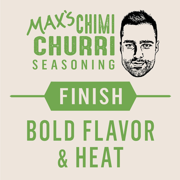 Maxs Chimi Churri Seasoning logo with a mans face and the words Finish, Bold Flavor, and &amp; Heat.