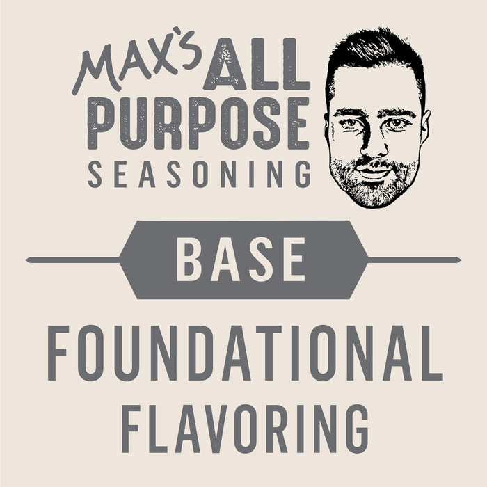A logo for Maxs All Purpose Seasoning, a base for foundational flavoring.