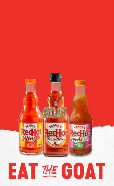 Three bottles of Frank's RedHot hot sauce on a red background with 'Eat the Goat' text.