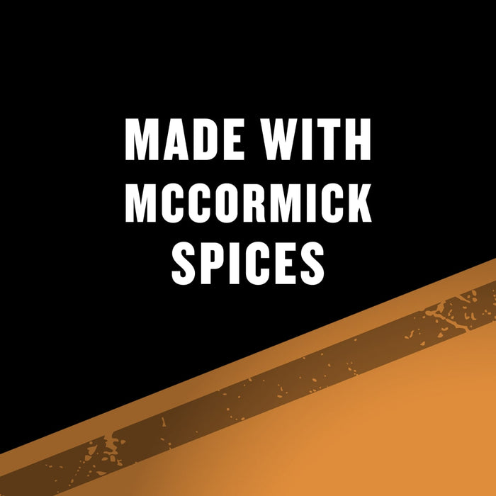 The image displays the text MADE WITH MCCORMICK SPICES against a black and orange background, highlighting the use of McCormick spices in the product.