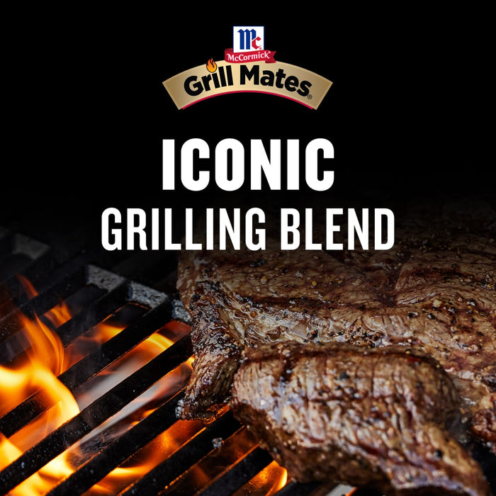 A juicy steak is being grilled with McCormick Grill Mates seasoning.
