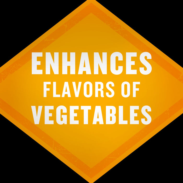 An orange diamond-shaped sign states that the product enhances the flavors of vegetables.