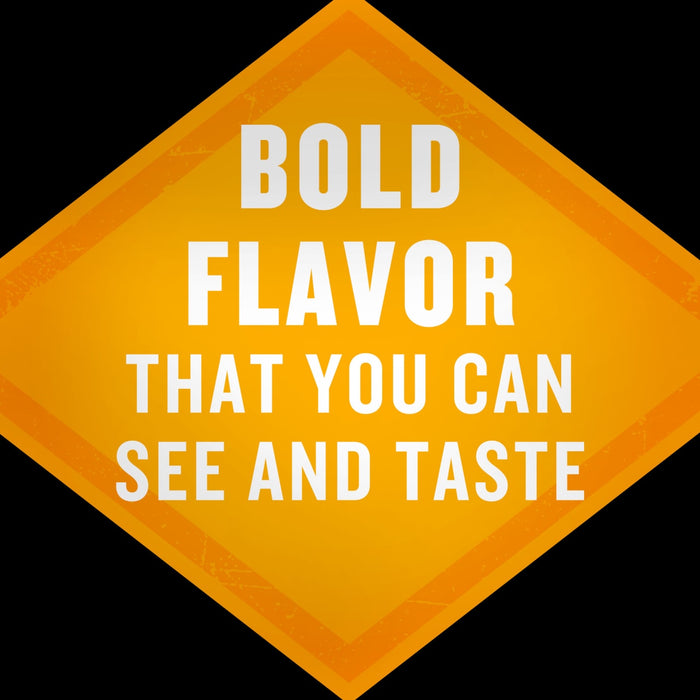 A yellow diamond-shaped sign with the text BOLD FLAVOR THAT YOU CAN SEE AND TASTE in white letters.