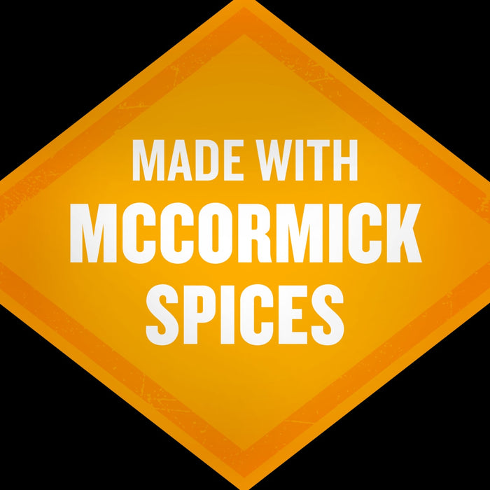 The image displays a yellow diamond-shaped badge with the text MADE WITH MCCORMICK SPICES in white, indicating the product contains McCormick spices.