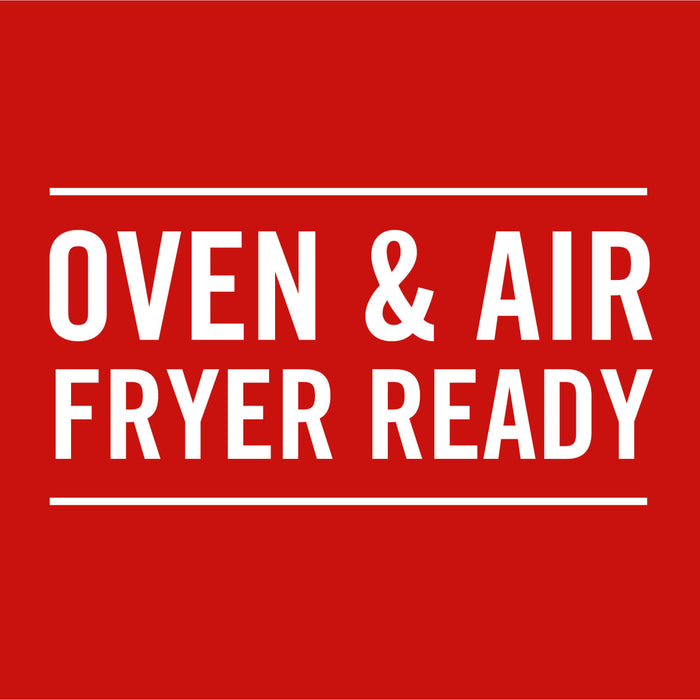 White text on a red background reads Oven &amp; Air Fryer Ready.