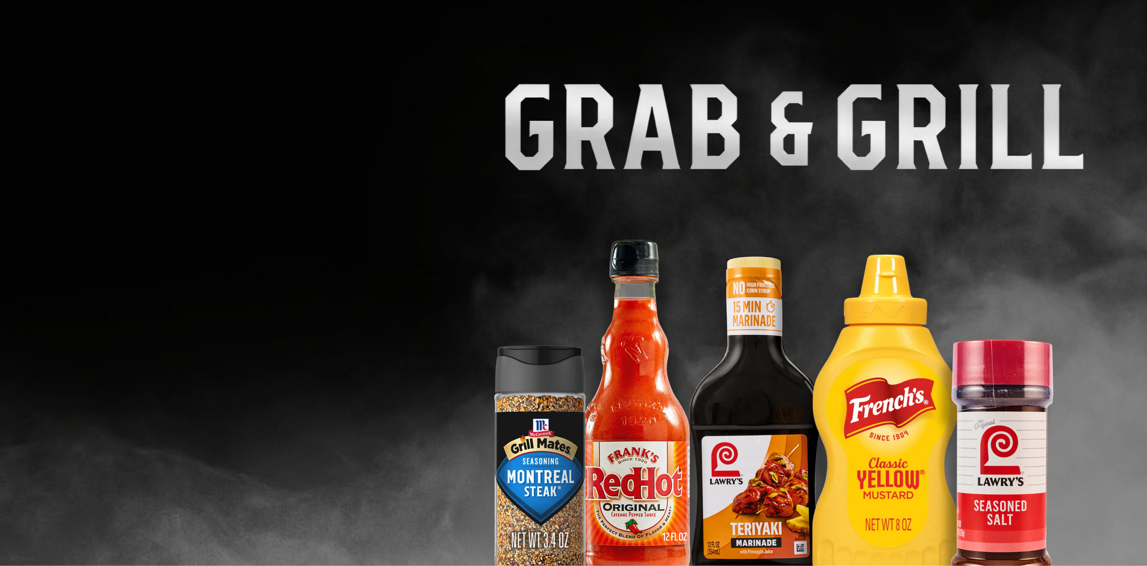 Assorted condiment bottles with 'Grab & Grill' text on a dark background