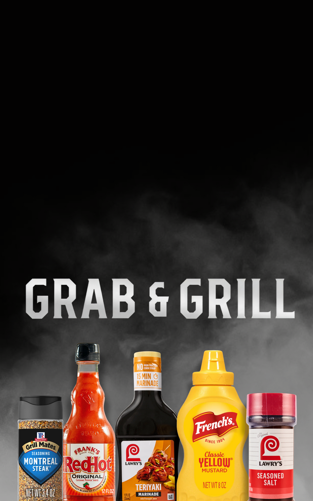 Collection of condiment bottles with 'Grab & Grill' text on a dark background
