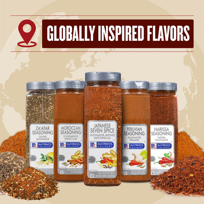 Six McCormick Culinary seasoning jars with different flavors from around the world.